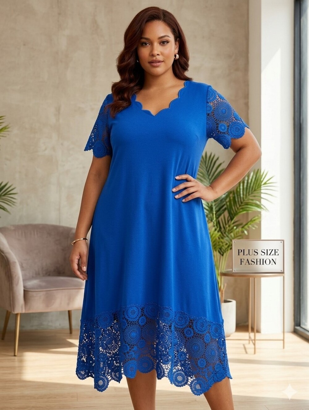 SHEIN Royal Blue Scalloped neck Maxi Dress Crochet Lace Sleeves And Hem Size 3XL